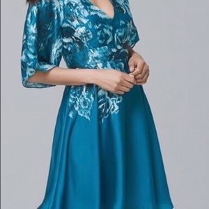 V-NECK FLORAL SATIN FIT-AND-FLARE DRESS